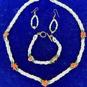 Beaded Flower Set with Necklace, Bracelet, and Earrings